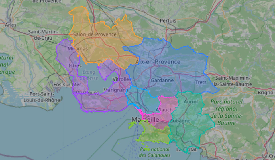Carte des limites administratives des secteurs desservis autour de Marseille